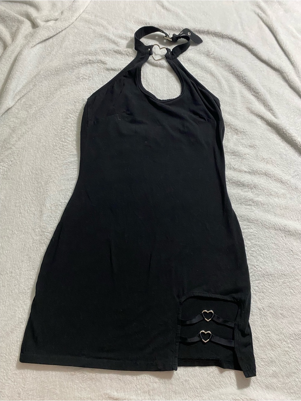 Black Halter Mini Dress with Heart Ring Accents